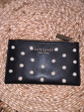 kate spade Black Pearl-Embellished Bifold Zip wallet